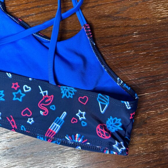 Wonder Nation Girls Swim Top XXL/18 Navy Blue Neon Fireworks Flamingo Print High - Picture 6 of 7